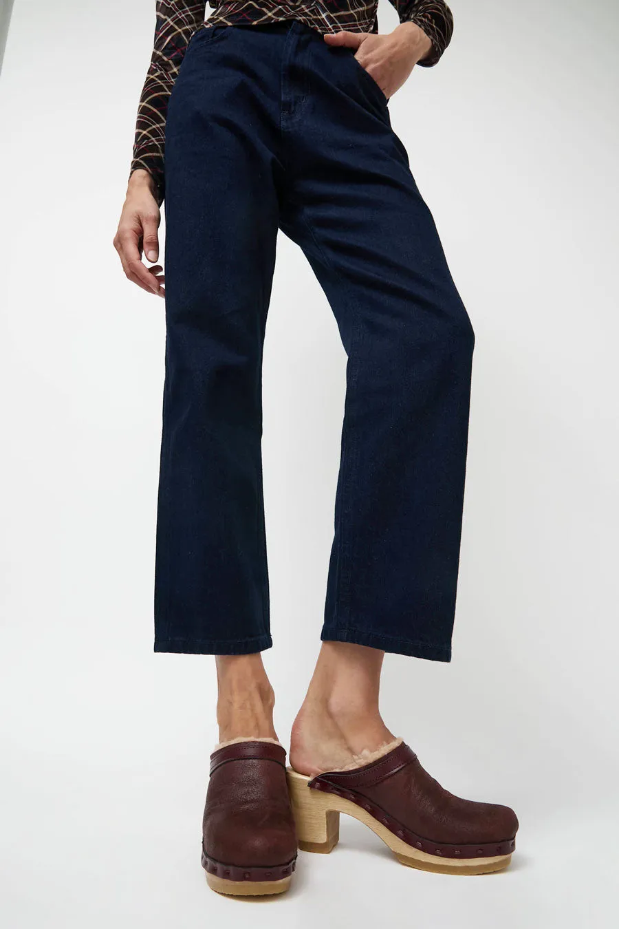 No.6 Dakota Shearling Clog on High Heel in Spitfire and Maroon sold by No. 6