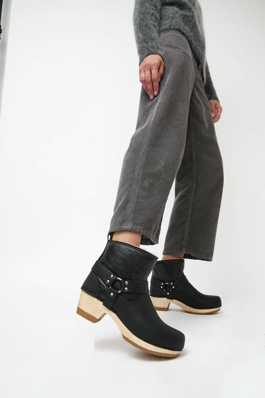 No.6 Shearling Brando Clog Boot on Mid Heel in Ink Aviator sold by No. 6