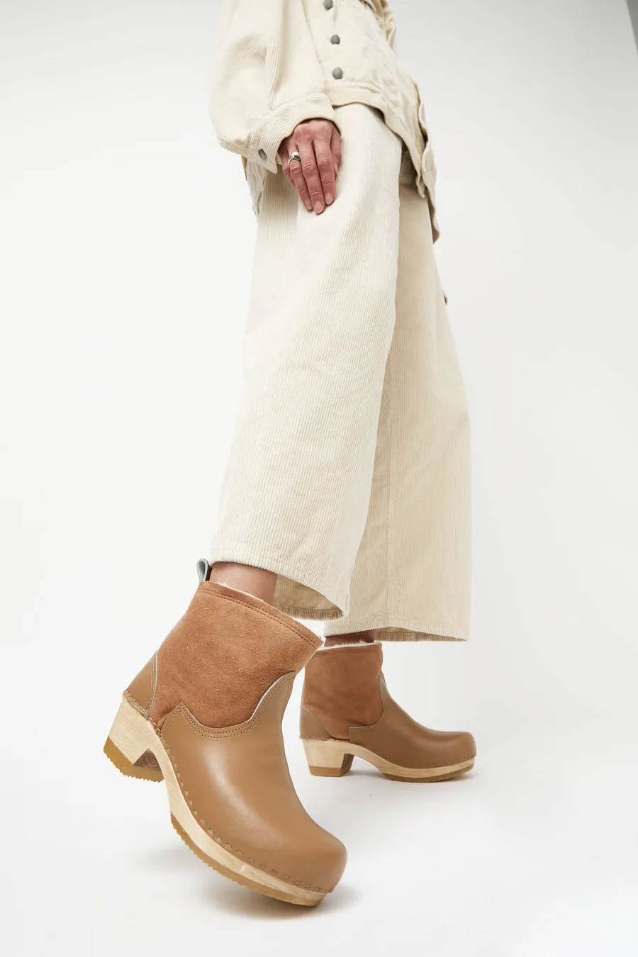 No.6 5" Pull on Shearling Clog Boot on Mid Heel in Natural and Khaki sold by No. 6 product image thumbnail 4