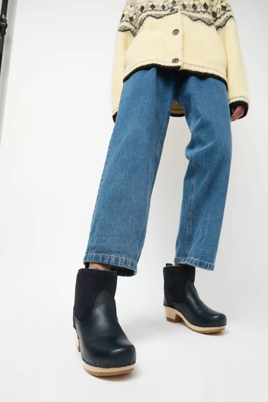 No.6 5" Pull on Shearling Clog Boot on Mid Heel in Navy and Night sold by No. 6