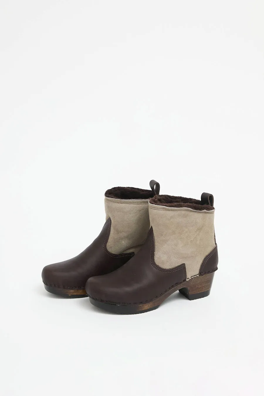 No.6 5" Pull on Shearling Clog Boot on Mid Heel in Spice and Fudge on Cocoa Base sold by No. 6 product image thumbnail 3