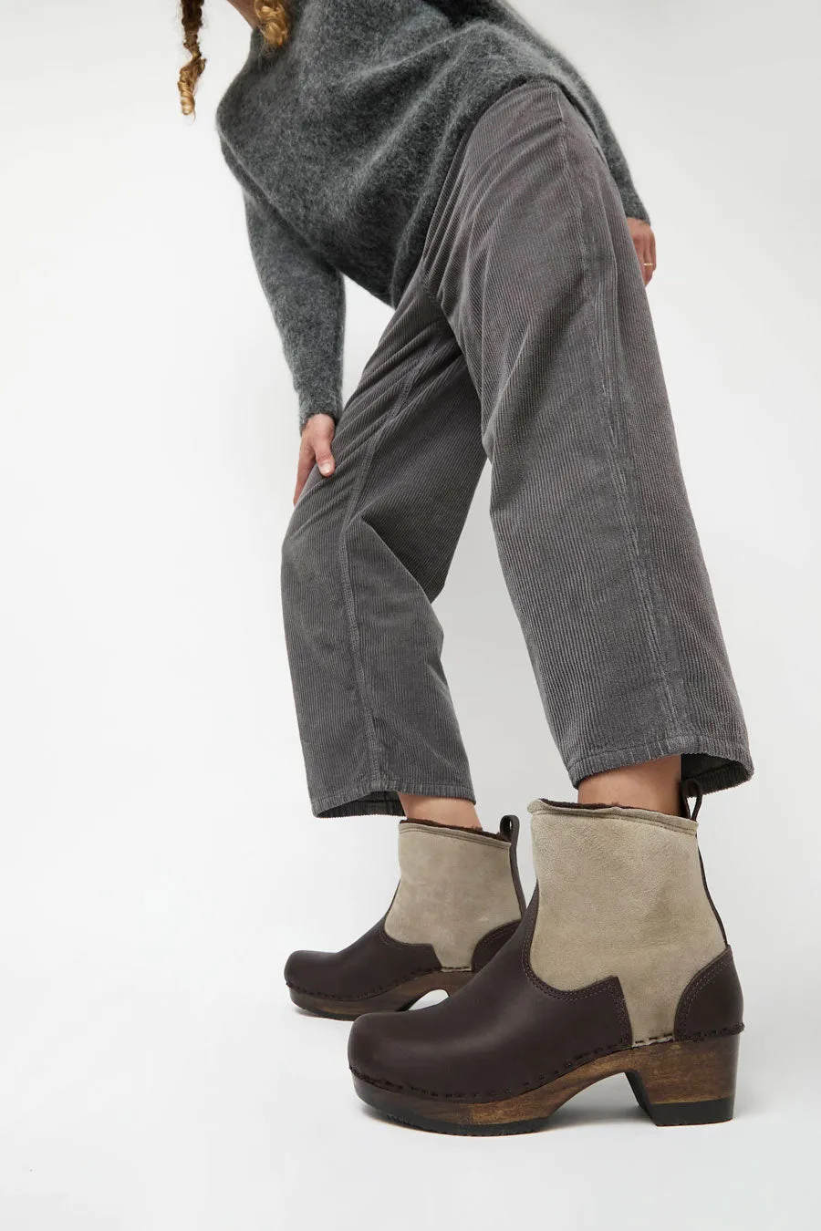 No.6 5" Pull on Shearling Clog Boot on Mid Heel in Spice and Fudge on Cocoa Base sold by No. 6 product image thumbnail 5