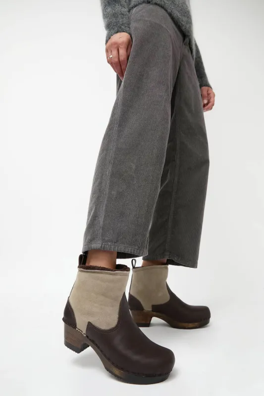 No.6 5" Pull on Shearling Clog Boot on Mid Heel in Spice and Fudge on Cocoa Base sold by No. 6