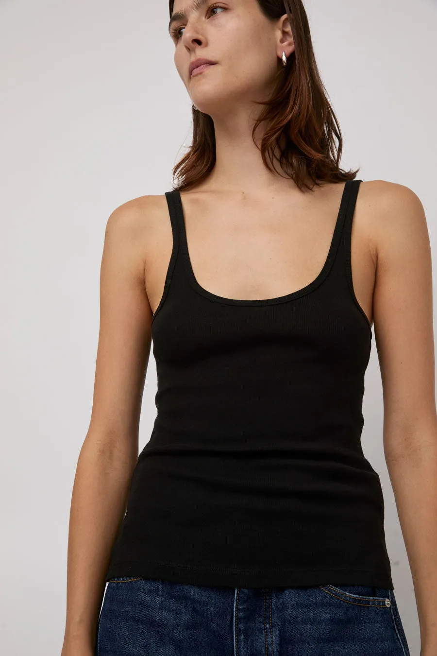 St. Agni Orgainc Cotton Slim Scoop Tank in Jet Black sold by No. 6