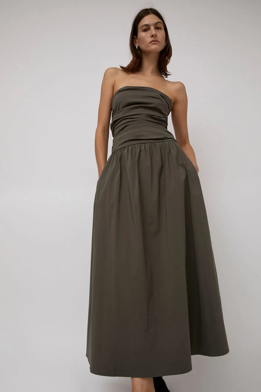 St. Agni Gathered Strapless Tie Back Dress in Khaki sold by No. 6