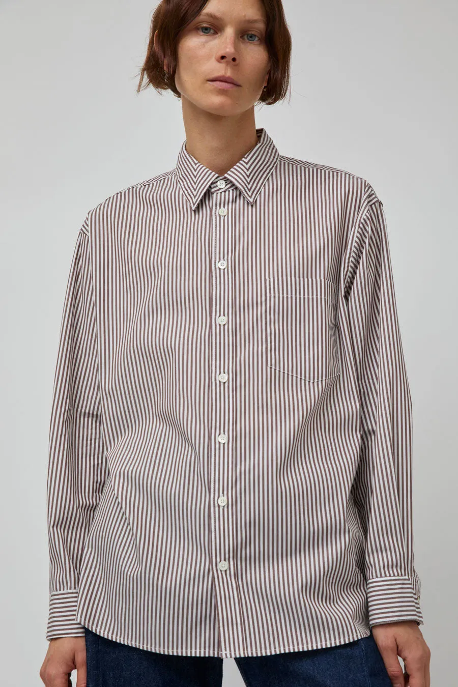 B Sides Nolan Shirt in Brown and White Stripe sold by No. 6