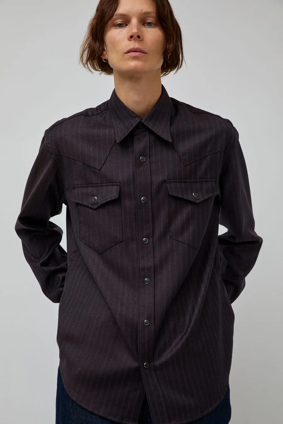 TONYWACK Striped Wool Western Shirt in Dark Burgundy sold by No. 6