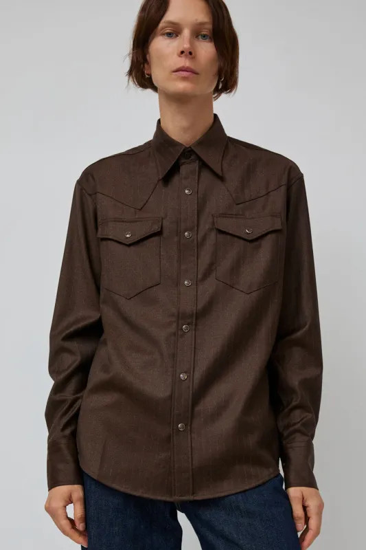 TONYWACK Striped Wool Western Shirt in Sepia Brown sold by No. 6