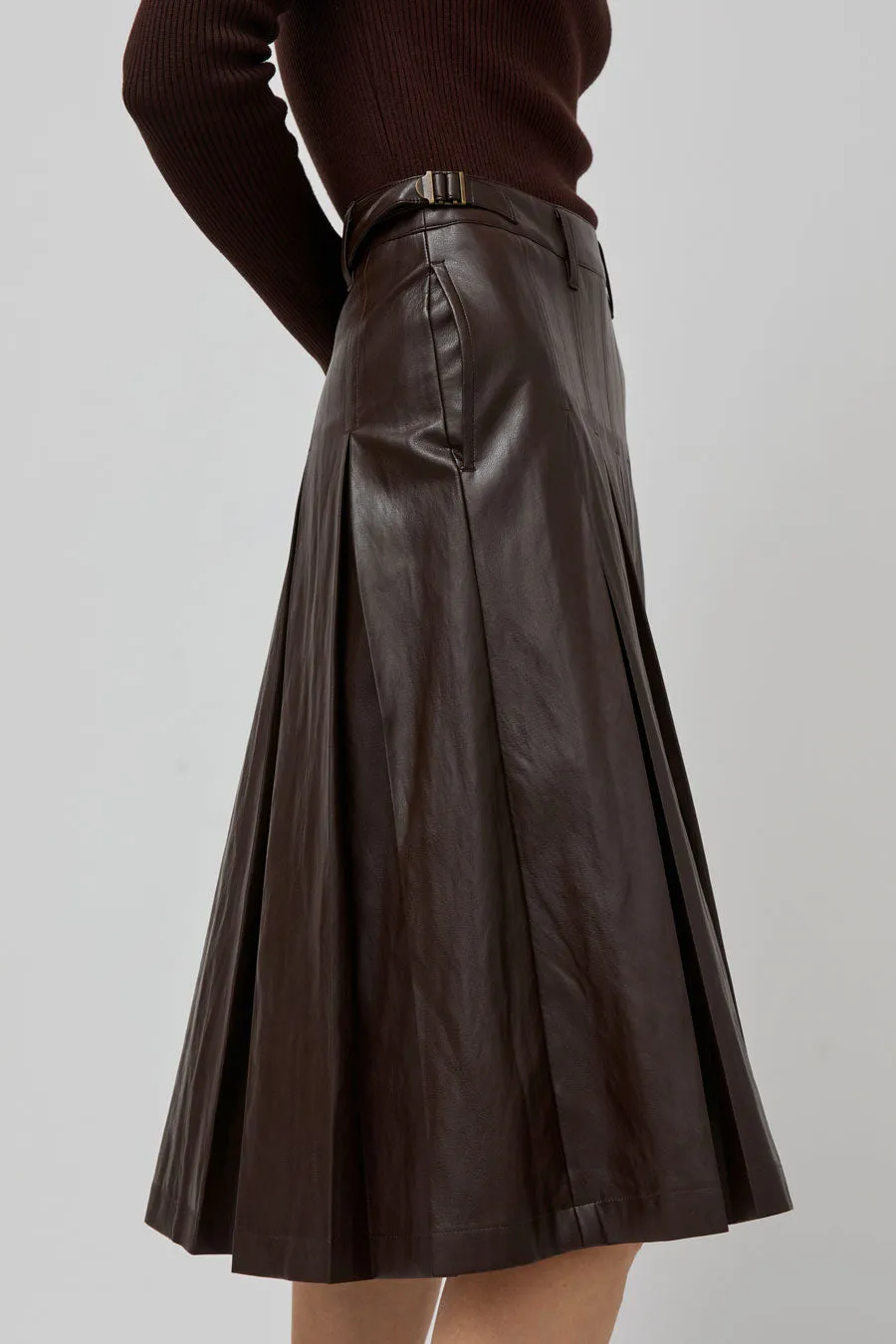 TONYWACK Faux Leather Pleated Midi Skirt in Brown sold by No. 6 product image thumbnail 4