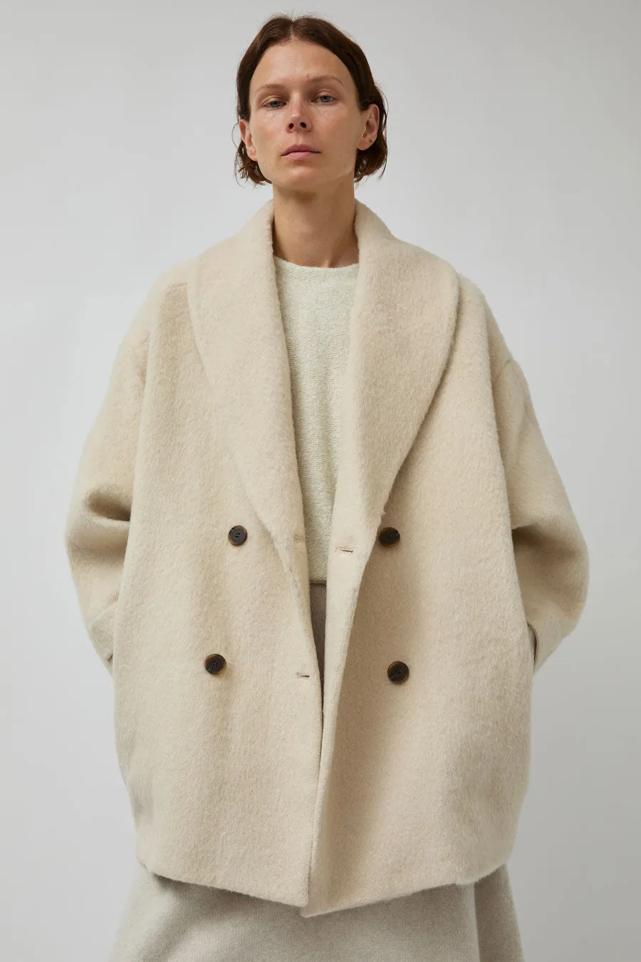 UMARMUNG Wool Alpaca Shawl Collar Half Coat in Cream sold by No. 6