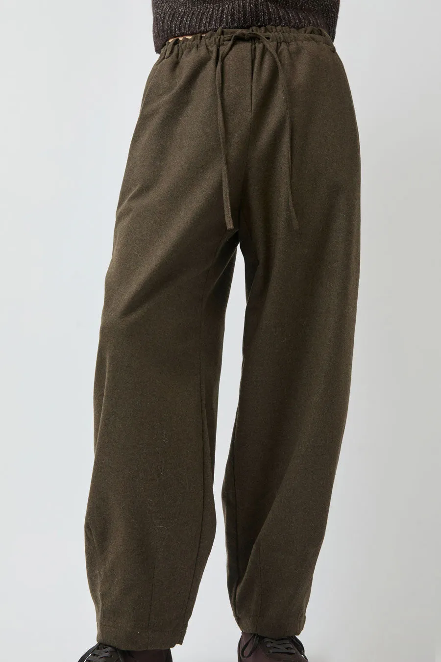 UMARMUNG Wool Flannel Oval Silhouette Pants in Dark Olive sold by No. 6 product image thumbnail 3