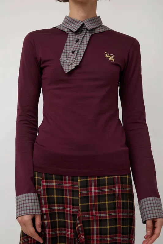 Rave Review Viv Asymmetrical Polo in Burgundy and Grey Check made by No. 6