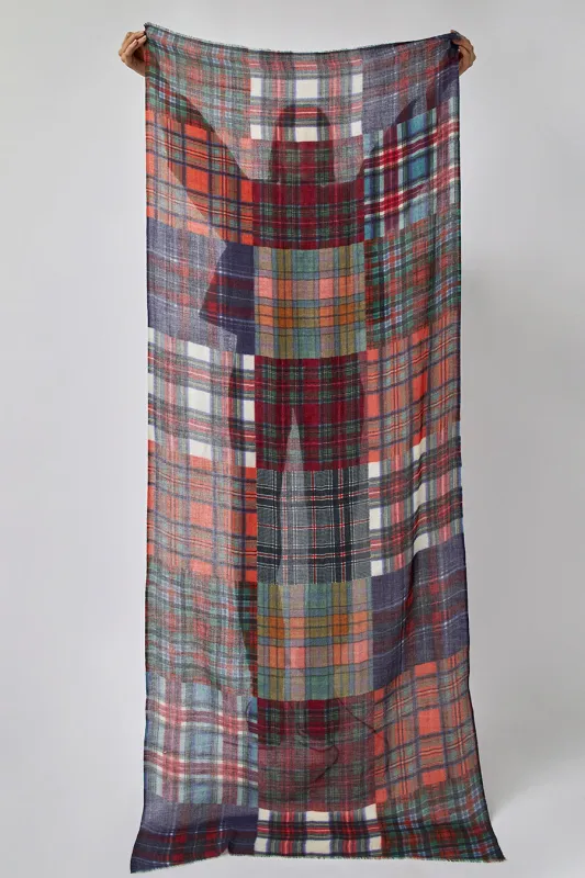 Glen Prince Long Featherweight Wool Scarf in Red Mix Plaid sold by No. 6