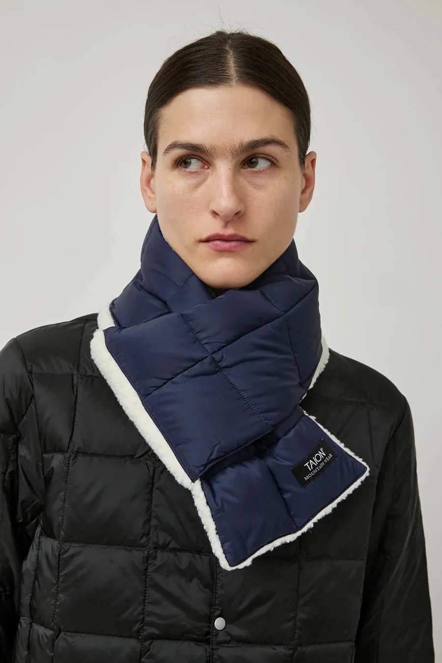 TAION Mountain Reversible Down x BOA Scarf in Navy and Ivory sold by No. 6