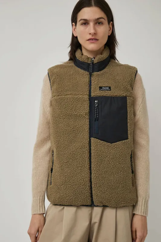 TAION Mountain Reversible Hi-Neck Vest in Dark Navy and Beige sold by No. 6