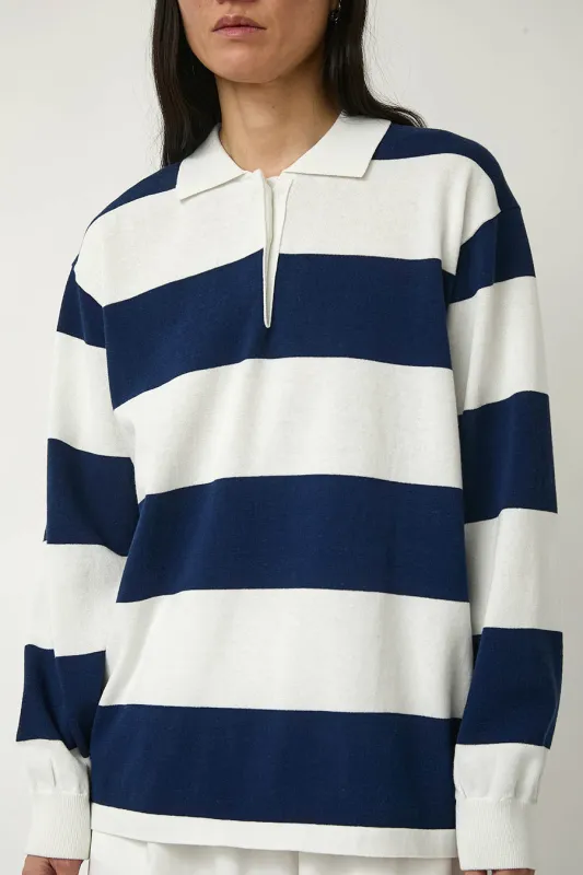 Nothing Written Stripe Collar Knit Pullover in Navy Stripe sold by No. 6