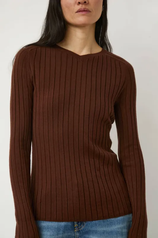 6397 Ribbed High V Sweater in Brown sold by No. 6