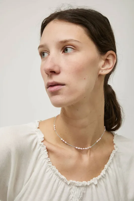 Berni Paper Moon Necklace in Baroque Pink Pearl and Sky Silk made by No. 6