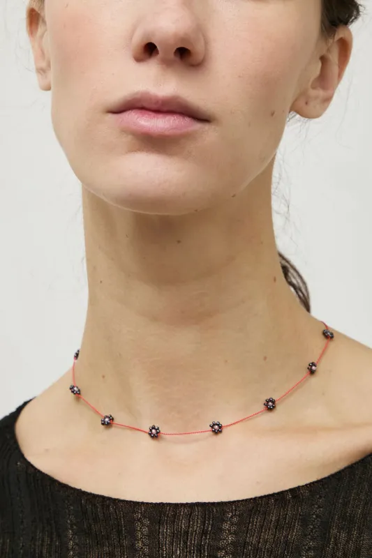 Berni Gunmetal Bloom Necklace in Metallic Beads and Coral Silk made by No. 6