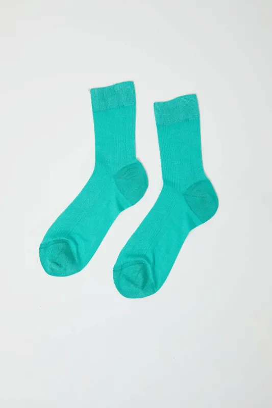 Maria La Rosa Silk Ribbed Ankle Socks in Tiffany made by Maria La Rosa