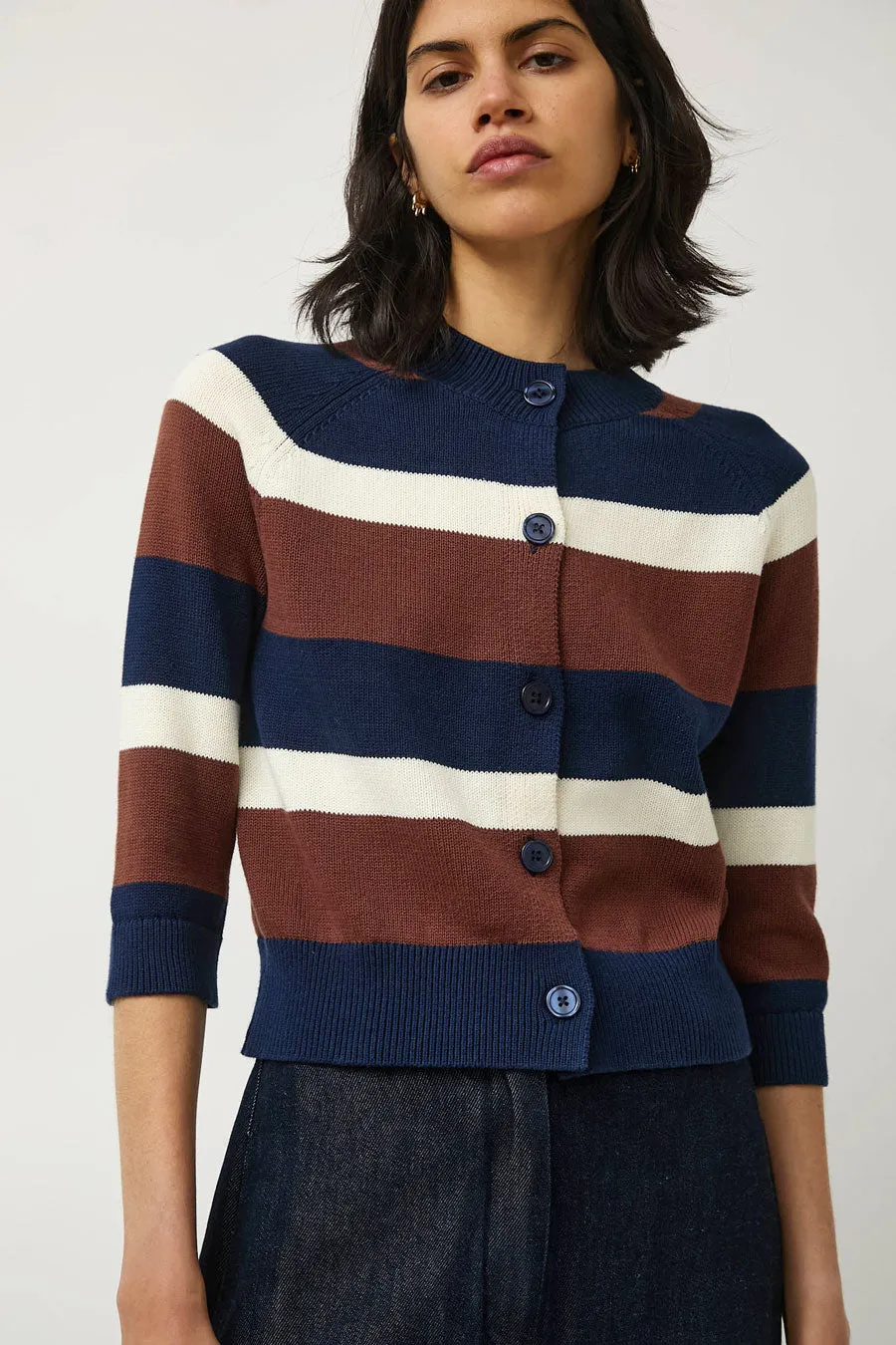 No.6 Colette Cardi in Navy and Brown Stripe sold by No. 6