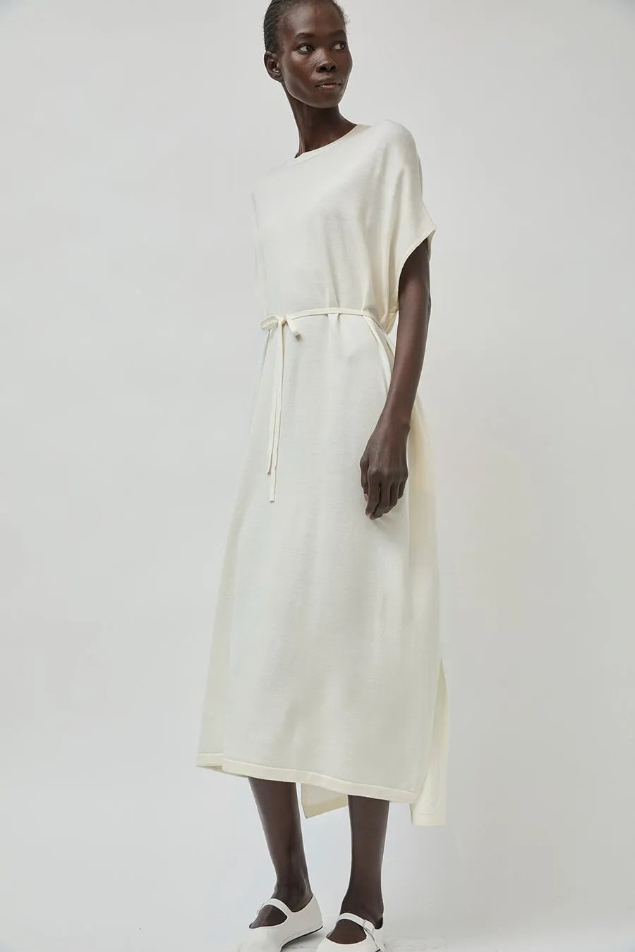 UMARMUNG Ultra Fine Merino Wool Drawstring Waist Dress in Ivory sold by No. 6