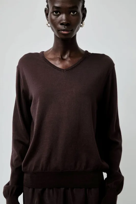 Mijeong Park Cotton Blend V-Neck Knit Top in Brown made by Mijeong Park