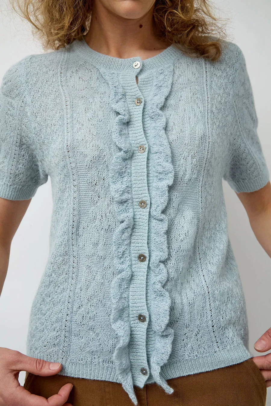 Atelier Delphine Lacy Short Sleeve Cardigan in Light Blue sold by No. 6 product image thumbnail 3