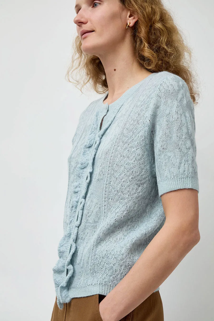 Atelier Delphine Lacy Short Sleeve Cardigan in Light Blue sold by No. 6 product image thumbnail 2