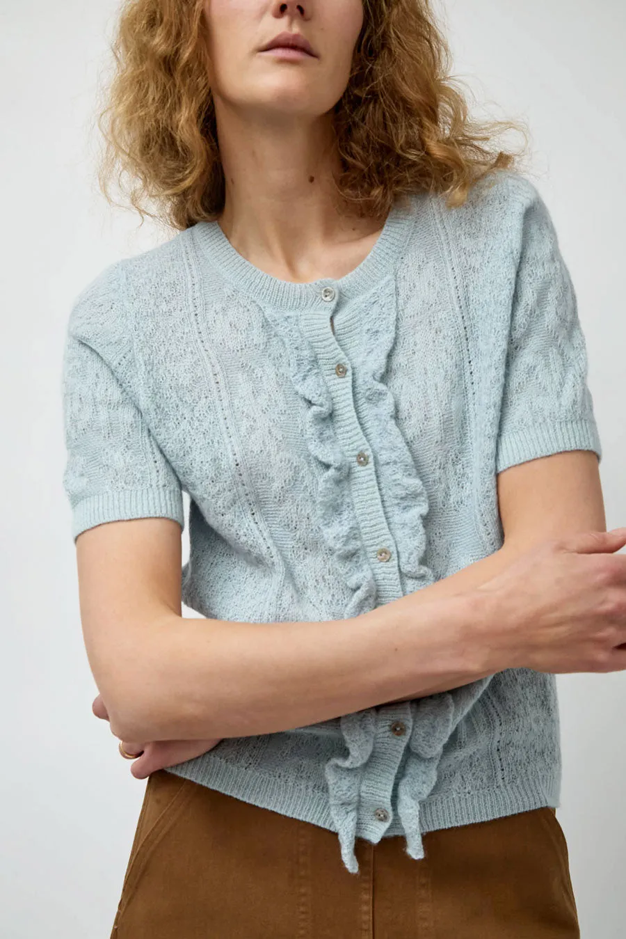 Atelier Delphine Lacy Short Sleeve Cardigan in Light Blue sold by No. 6