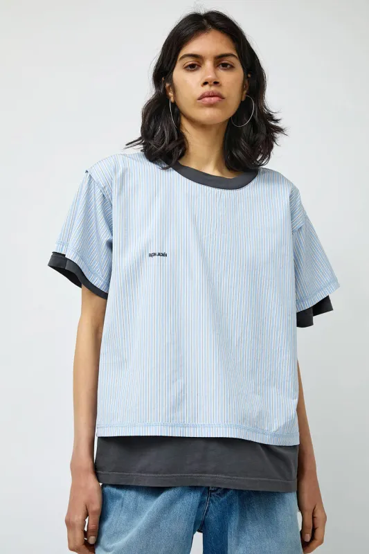 Façon Jacmin Thoai Mirror Double T Shirt in Blue Stripes and Mid Grey made by No. 6