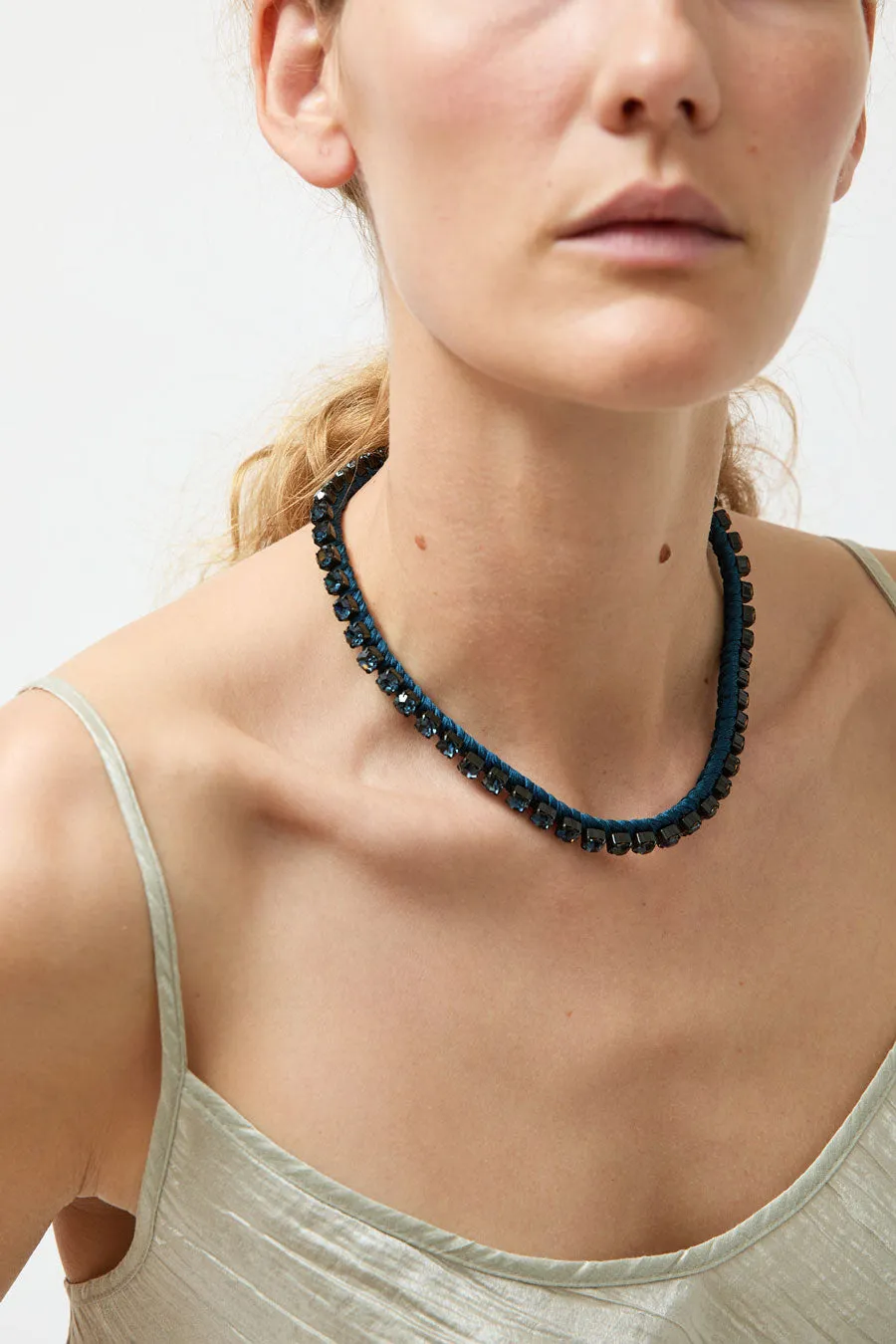 Alyssa Norton Single Row Silk Wrapped Rhinestone Necklace in Montana Blue sold by No. 6