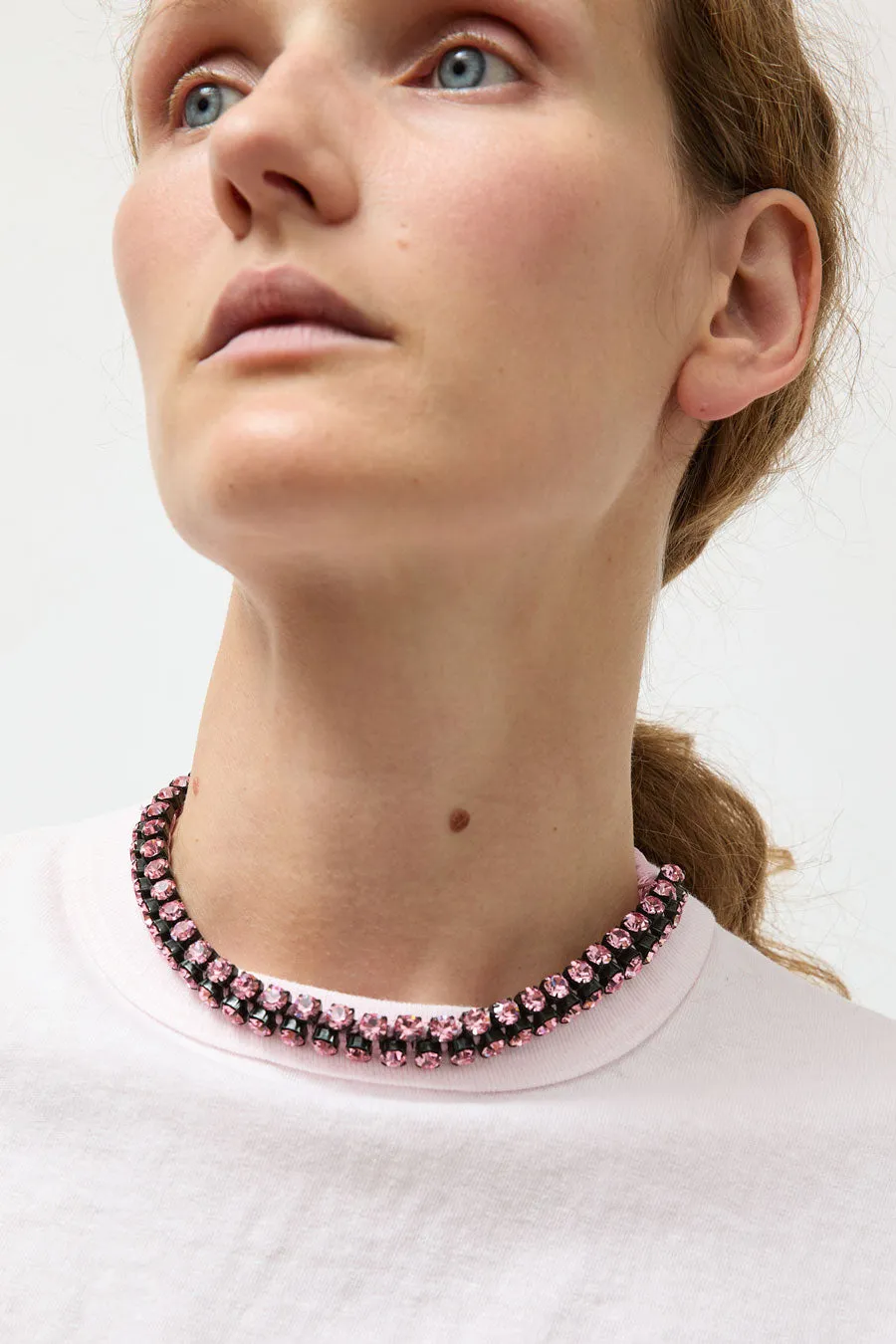 Alyssa Norton Double Row Silk Wrapped Rhinestone Necklace in Pink sold by No. 6