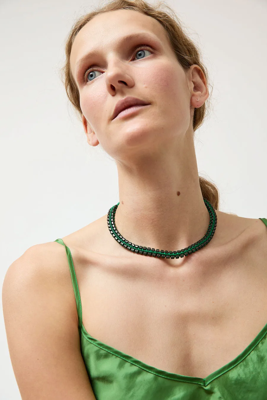 Alyssa Norton Double Row Silk Wrapped Rhinestone Necklace in Green sold by No. 6