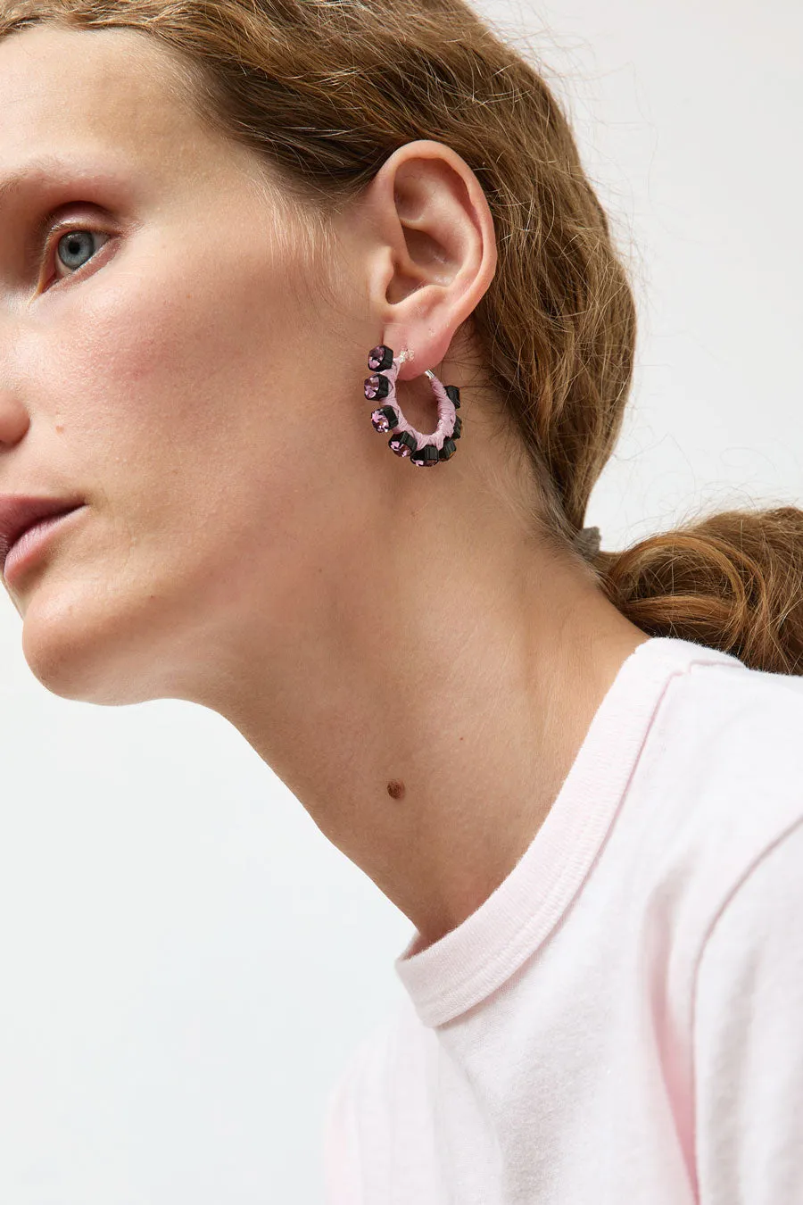 Alyssa Norton Small Silk Wrapped Rhinestone Hoops in Pink sold by No. 6 product image thumbnail 3