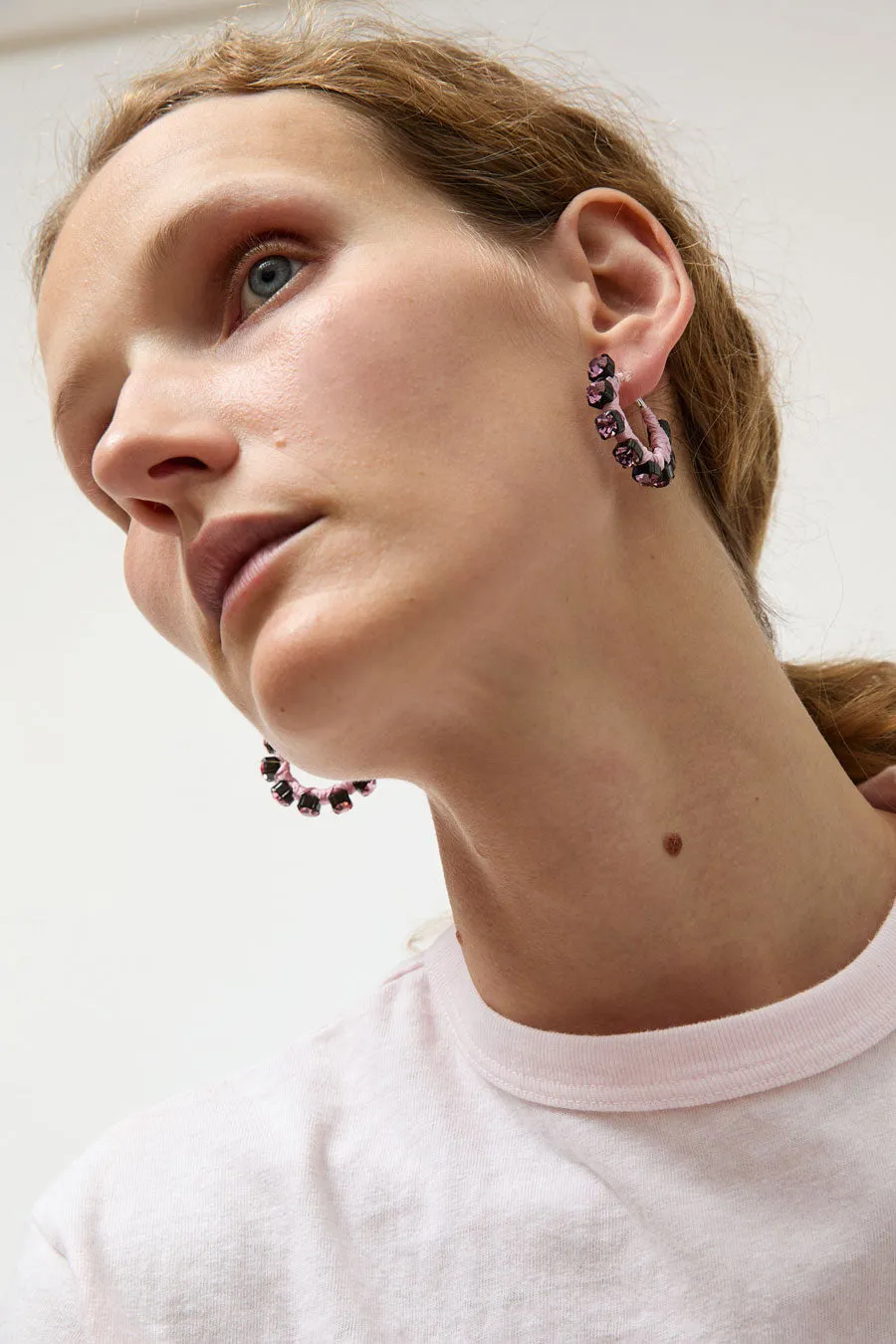 Alyssa Norton Small Silk Wrapped Rhinestone Hoops in Pink sold by No. 6