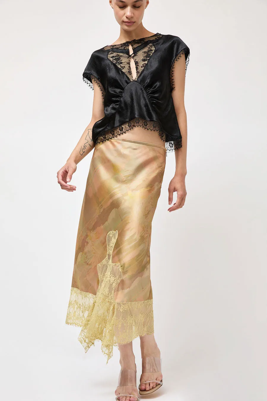 Collina Strada Satin Hiss Skirt in Olive Gua Sha sold by No. 6