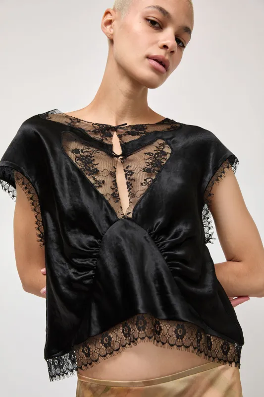 Collina Strada Satin Waterlily Top in Black made by Collina Strada