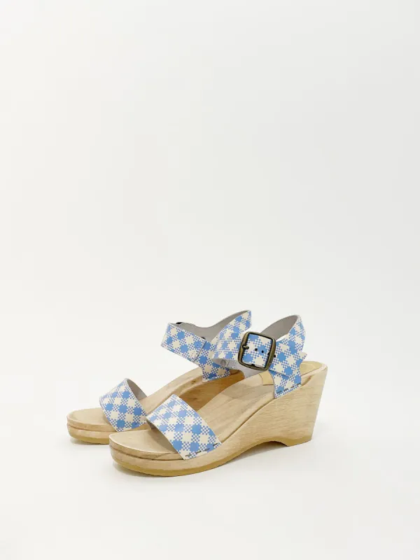 No.6 Two Strap Clog on Wedge in Blue Gingham made by No. 6