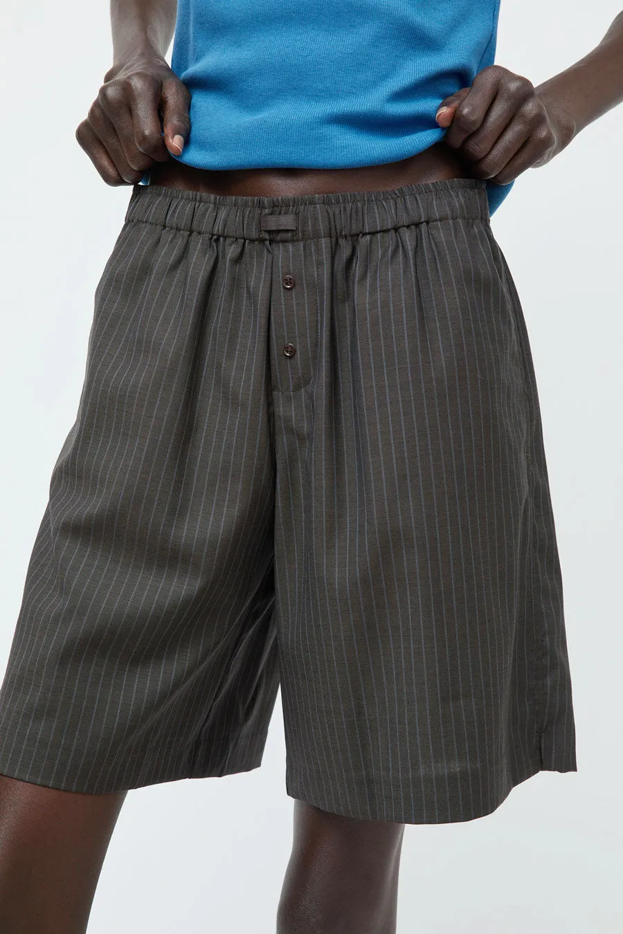 Deiji Studios Wool Boxer Short in Charcoal Stripe sold by No. 6