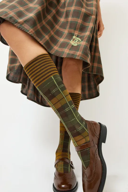 Henrik Vibskov Ribbed Knee Socks Brown Green Dashed Checks made by Henrik Vibskov
