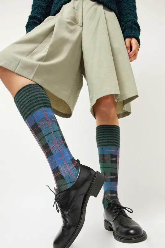 Henrik Vibskov Ribbed Knee Socks in Green Blue Dashed Checks made by Henrik Vibskov