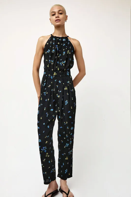 No.6 Keyhole Jumpsuit in Black with Blue Flowers made by No. 6