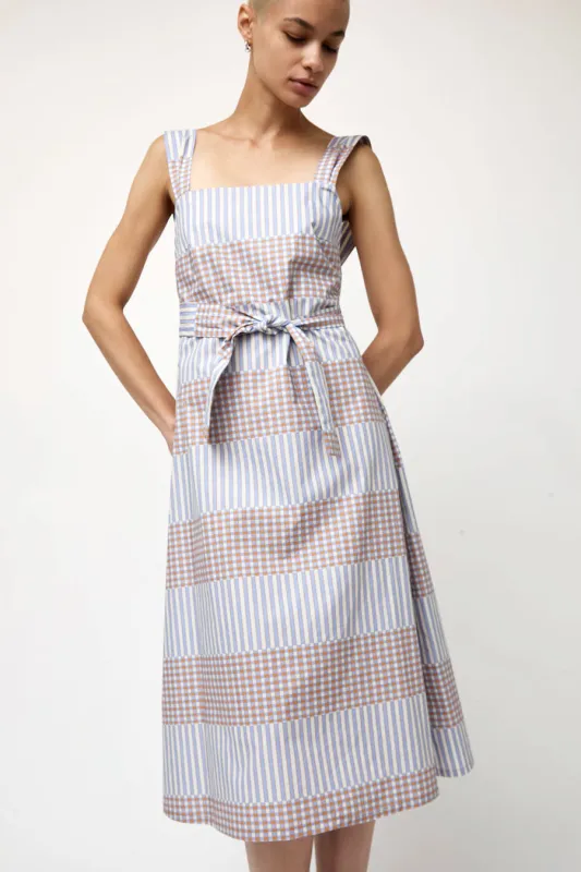 No.6 Criss Cross Dress in Blue Camel Checks and Balances made by No. 6