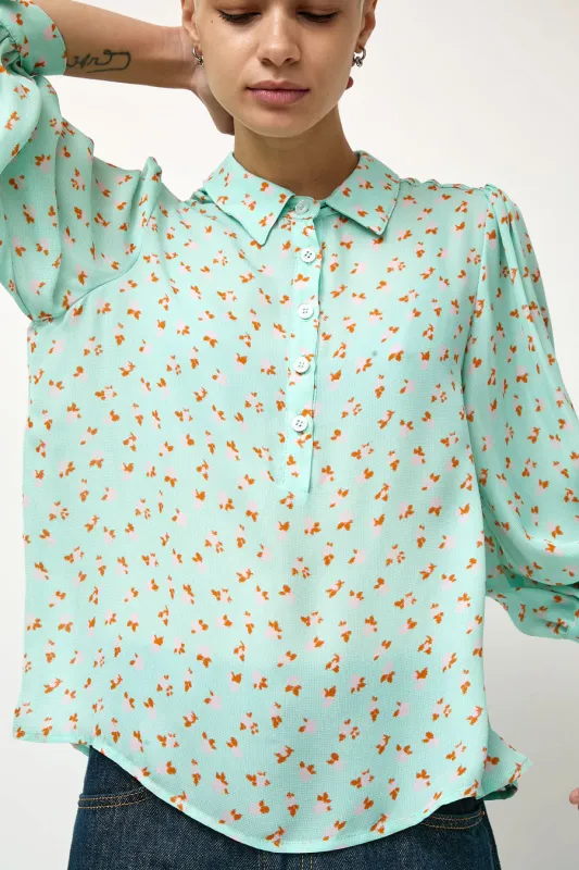 No.6 Alfie Top in Mint Gingham with Pink Flowers made by No. 6