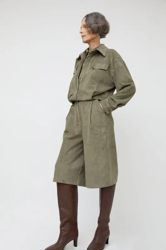 La Piscine Faux Suede Wide Shorts in Military Green made by No. 6