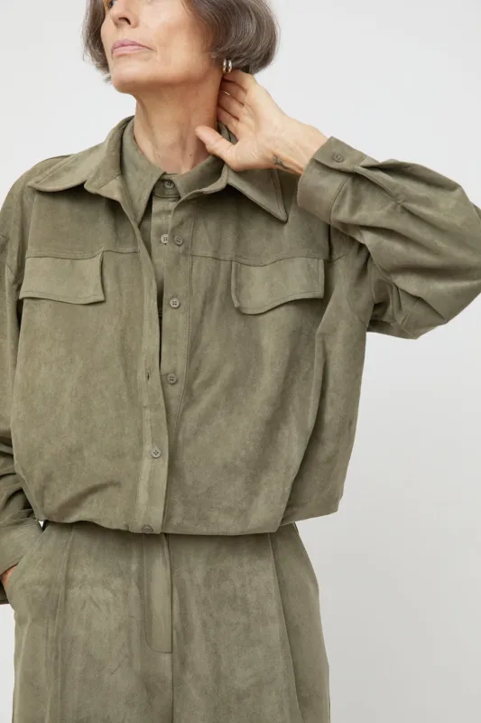 La Piscine Faux Suede Shirt in Military Green made by No. 6