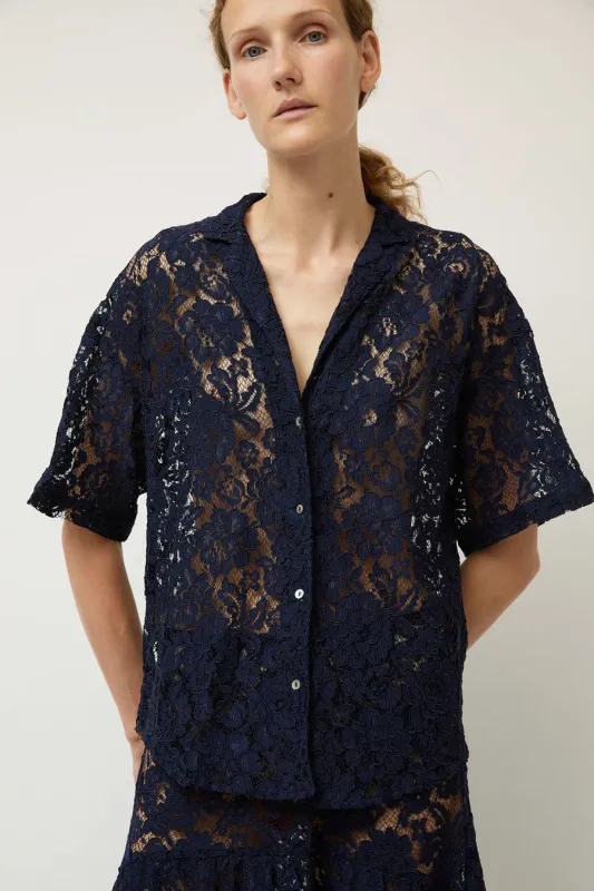 A Bronze Age Romeo Top in Navy Lace made by A Bronze Age
