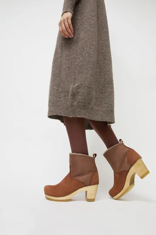 No.6 5" Pull on Shearling Clog Boot on High Heel in Russet made by No. 6