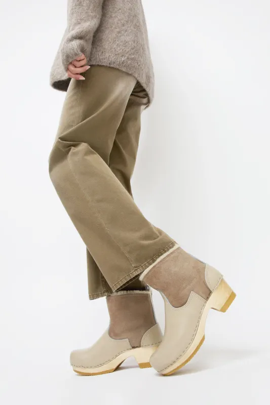 No.6 5" Pull on Shearling Clog Boot on Mid Heel in Clay made by No. 6